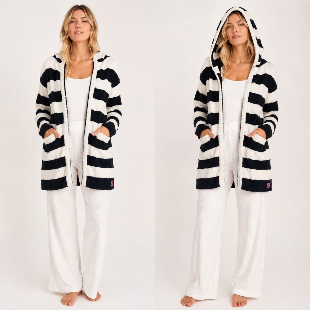 Kashwere Hooded Cardigan Women Small Black White Excellent Striped Cozy Luxury
